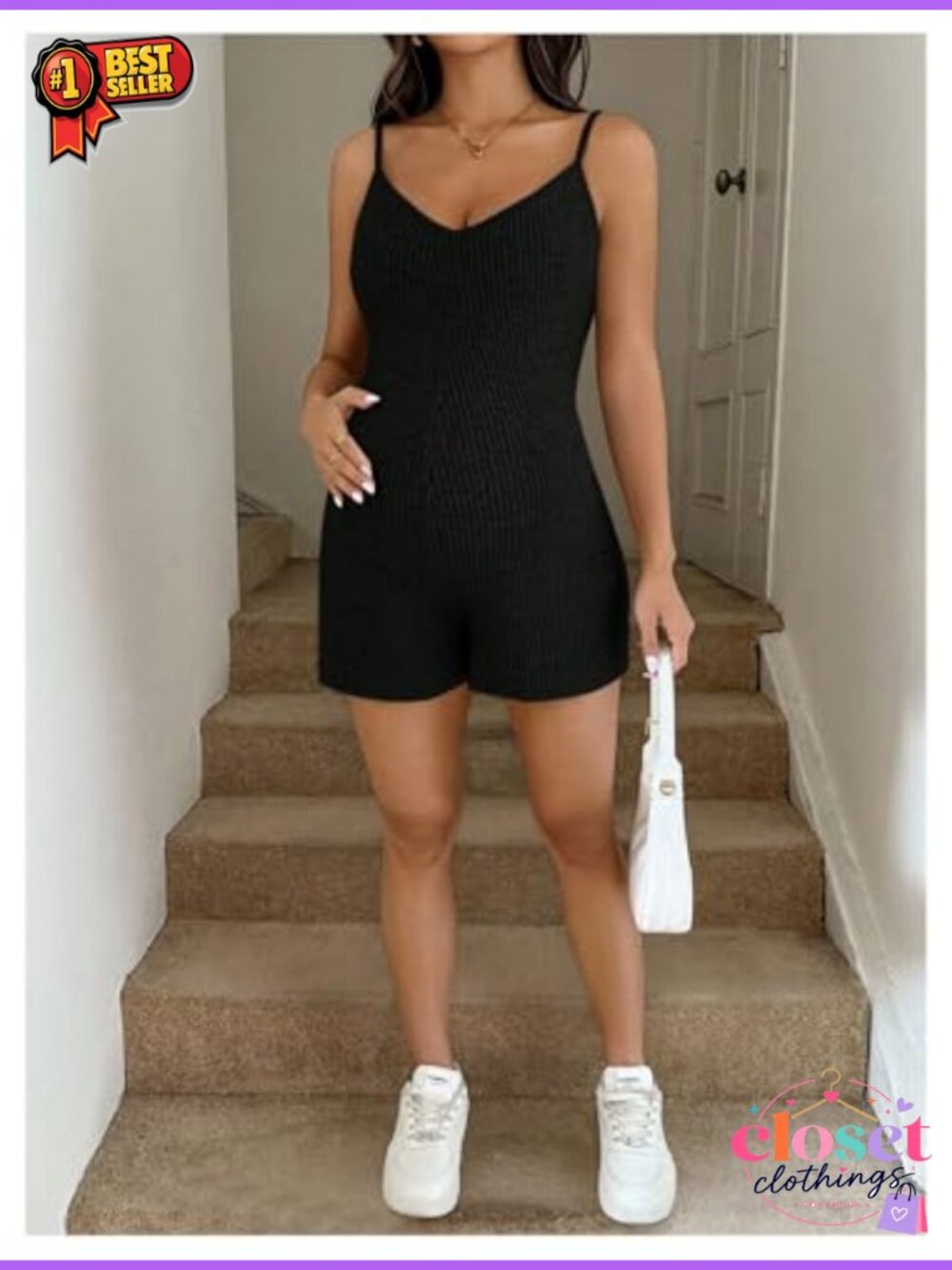 Maternity Cami Romper Rib Knit Short Overall Jumpsuit Adjustable Straps - Picture 3 of 4